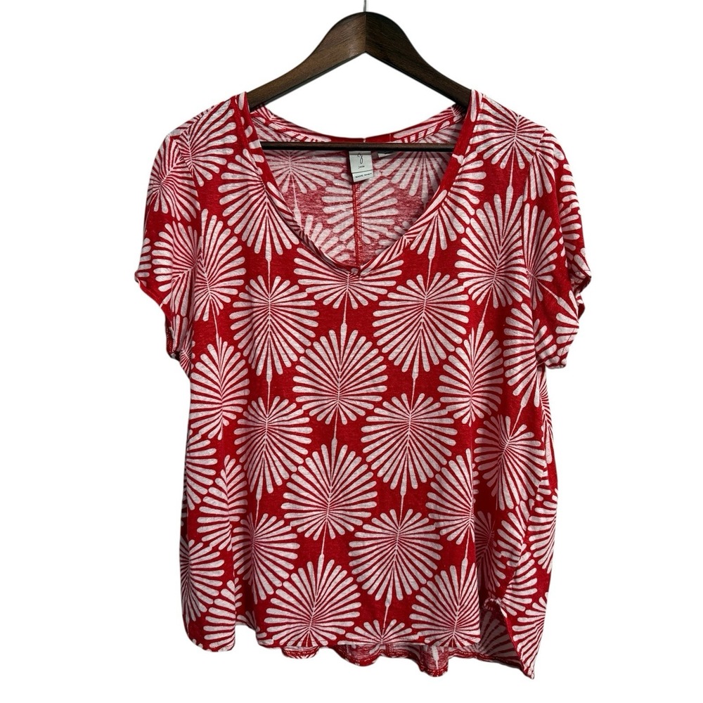 Joie linen top women's 1X red palm‎ leaf tropical Hawaiian beach coastal v-neck
